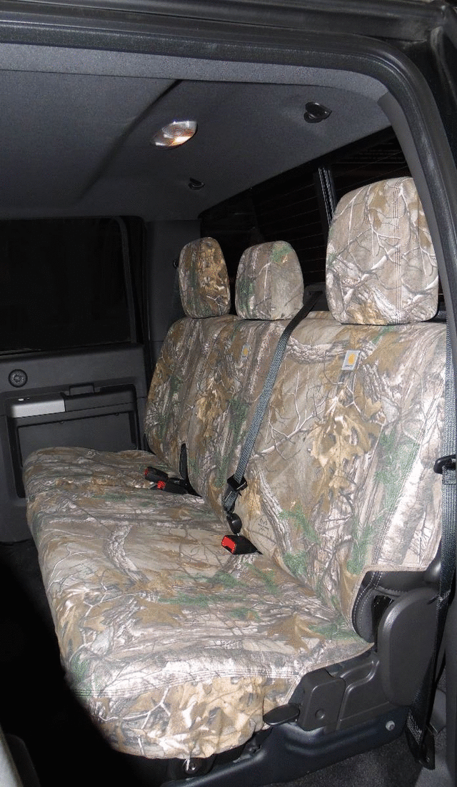 VML3Z2663812A - : Seat Covers - Realtree Protective Seat Covers By Covercraft, Rear Row, 60/40, With Armrest, For SuperCrew, Carhartt Realtree Xtra Brown Camo SeatSaver for Ford: E-350 Super Duty, E-450 Super Duty, F-150, F-250 Super Duty, F-350 Super Duty, F-450 Super Duty, F-550 Super Duty Image