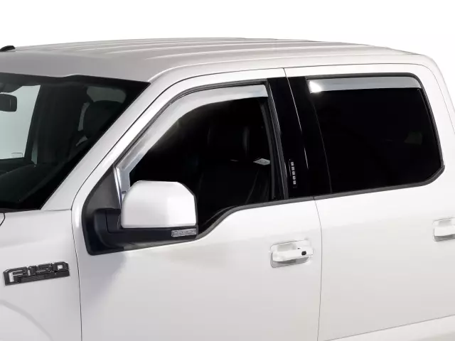 VFL3Z18246F - : Side Window Deflectors - Chrome, 4-Piece Set, SuperCrew for Ford: E-350 Super Duty, E-450 Super Duty, F-150, F-250 Super Duty, F-350 Super Duty, F-450 Super Duty, F-550 Super Duty Image