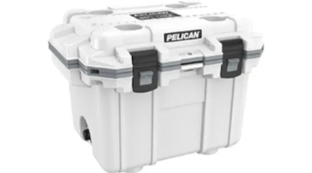 PTN9800145 - : 2021-2024 Toyota - Cooler, Pelican 30QT Elite - White/Gray for Toyota: 4Runner, Avalon, bZ4X, C-HR, Camry, Corolla, Corolla Cross, Crown, GR Corolla, GR Supra, GR86, Grand Highlander, Highlander, Land Cruiser, Mirai, Prius, Prius Prime, RAV4, RAV4 Prime, Sequoia, Sienna, Tacoma, Tundra, Venza Image