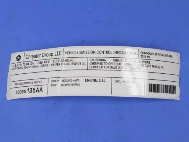 68085135AA - Labels: Veci Label Label for Chrysler: 300 | Dodge: Challenger, Charger Image