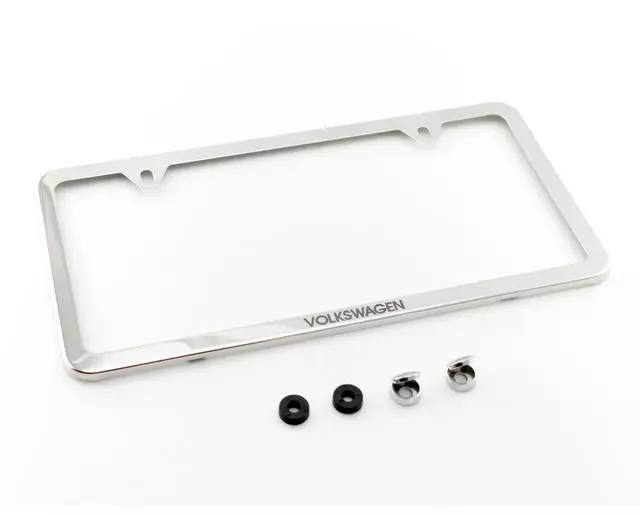 71801AB5R5 - Exterior: License Plate Frame, Slim With Logo for Volkswagen: Arteon, Atlas, Beetle, CC, e-Golf, Eos, Golf, Golf Alltrack, Golf SportWagen, GTI, ID. Buzz, ID.4, Jetta, Passat, Taos, Tiguan, Tiguan Limited, Touareg Image