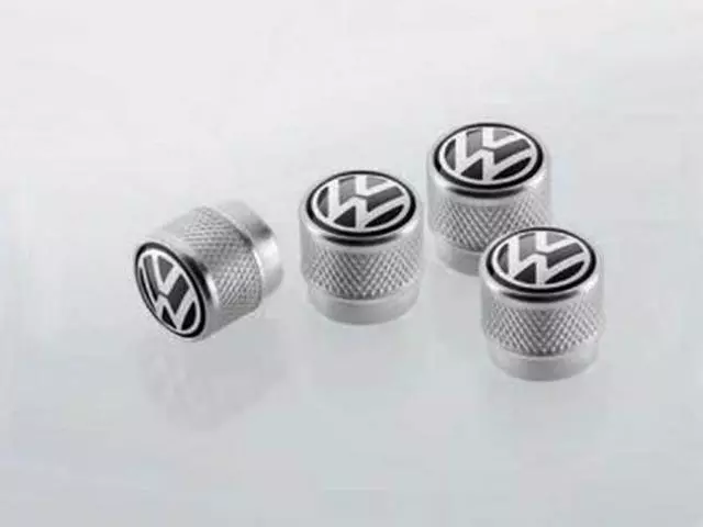 71215E - : Valve Stem Caps - Black On Silver - VW Logo for Volkswagen Image