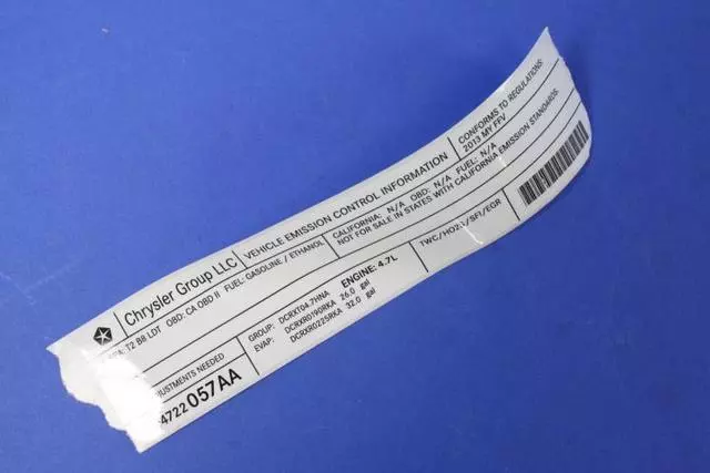 Vehicle Emission Control Information Label - Mopar (4722057AA)