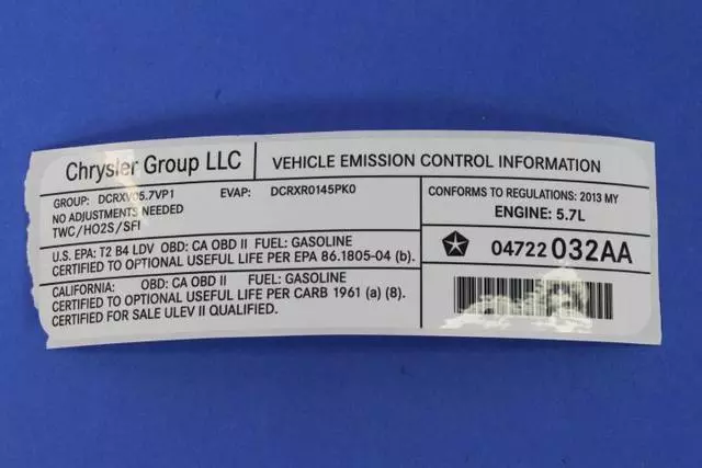 4722032AA - : Veci Label Label for Chrysler: 300 | Dodge: Challenger, Charger Image