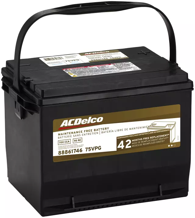 75VPG - Electrical: ACDelcoâ„¢ Vehicle Battery for Chevrolet: Avalanche 1500, Blazer, Cavalier, Classic, Equinox, Malibu, S10, Silverado 1500, Silverado 1500 HD, Silverado 2500 HD, Silverado 3500, Suburban 1500, Suburban 2500, Tahoe | GMC: Safari, Sierra 1500, Sierra 1500 HD, Sierra 2500 HD, Sierra 3500, Yukon, Yukon XL 1500, Yukon XL 2500 | Oldsmobile: Alero | Pontiac: G6, Grand Am, Sunfire, Torrent | Saturn: Aura Image