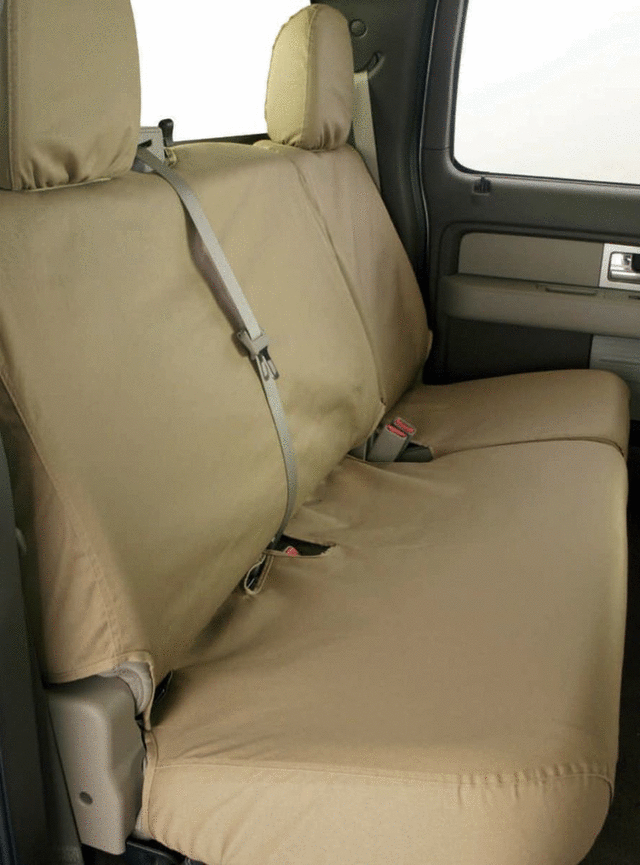 VML3Z2663812D - : Seat Covers, Protective Seat Covers By Covercraft - Rear Row, 60/40, W/Armrest, For SuperCrew, Taupe for Ford: E-350 Super Duty, E-450 Super Duty, F-150, F-250 Super Duty, F-350 Super Duty, F-450 Super Duty, F-550 Super Duty Image