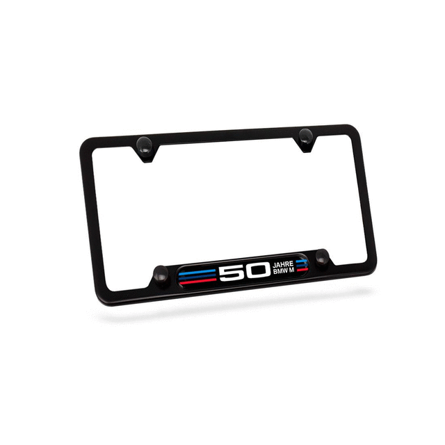 82115A75DA6 - Exterior: 50 Year M Anniversary License Plate Frame In for BMW: 230i, 330e, 330i, 430i, 430i Gran Coupe, 530i, 540i, 740i, 840i, 840i Gran Coupe, M2, M240i, M3, M340i, M4, M440i Gran Coupe, M5, M550i xDrive, M8, X1, X2, X3, X4, X5, X6, X7, Z4 Image